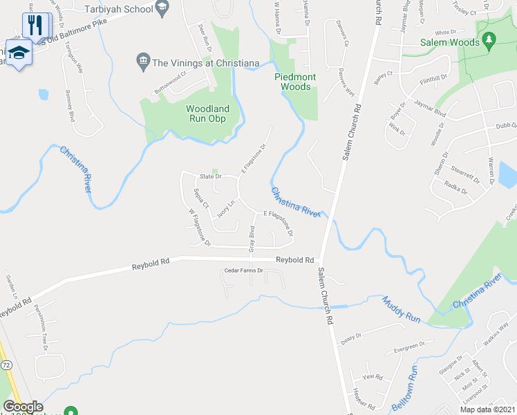 map of restaurants, bars, coffee shops, grocery stores, and more near 249 East Flagstone Drive in Newark