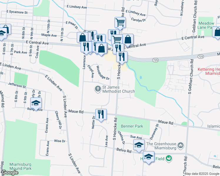 map of restaurants, bars, coffee shops, grocery stores, and more near Carlwood Drive in Miamisburg