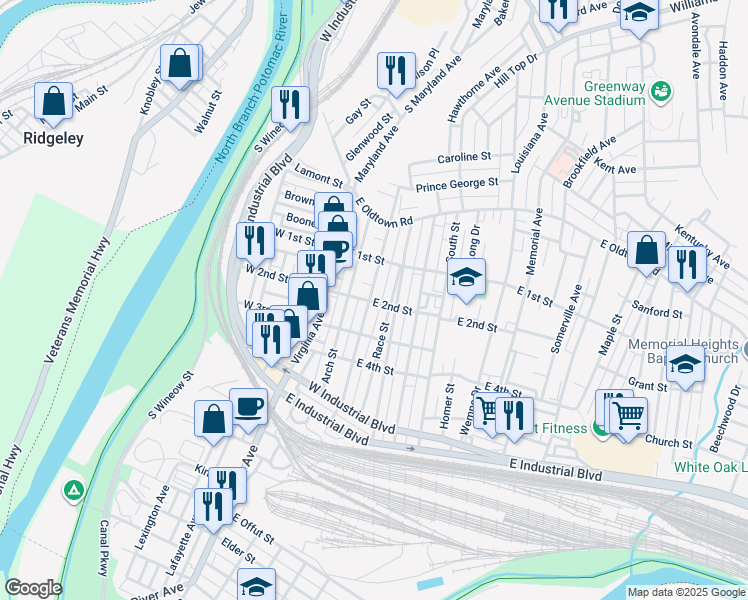 map of restaurants, bars, coffee shops, grocery stores, and more near 134 Grand Avenue in Cumberland