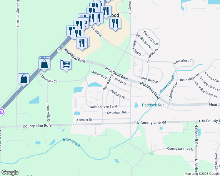 map of restaurants, bars, coffee shops, grocery stores, and more near 10826 Daylight Drive in Hendricks County