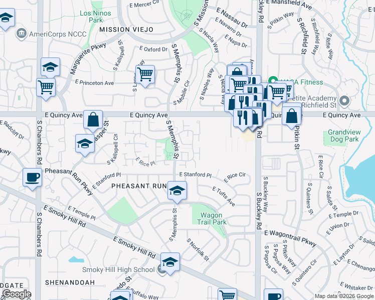 map of restaurants, bars, coffee shops, grocery stores, and more near 16353 East Rice Place in Aurora