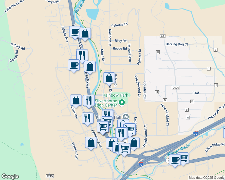 map of restaurants, bars, coffee shops, grocery stores, and more near 400 Cascade Circle in Silverthorne