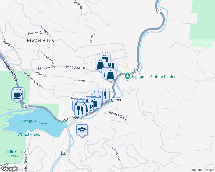 map of restaurants, bars, coffee shops, grocery stores, and more near 27880 Meadow Drive in Evergreen