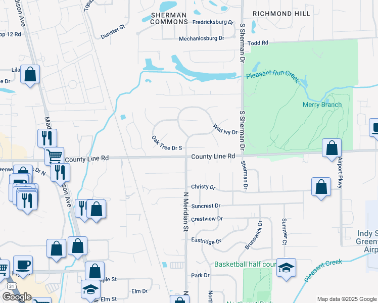 map of restaurants, bars, coffee shops, grocery stores, and more near 3501 Oak Tree Circle in Indianapolis