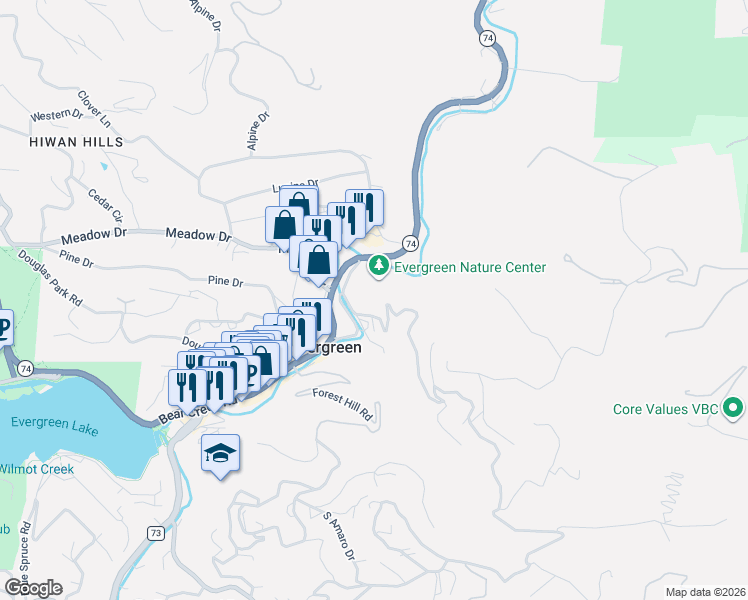 map of restaurants, bars, coffee shops, grocery stores, and more near 4398 Independence Trail in Evergreen