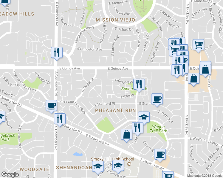 map of restaurants, bars, coffee shops, grocery stores, and more near 15902 East Rice Place in Aurora