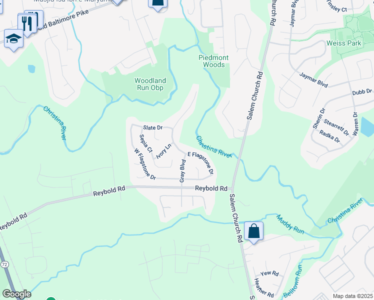 map of restaurants, bars, coffee shops, grocery stores, and more near 249 East Flagstone Drive in Newark
