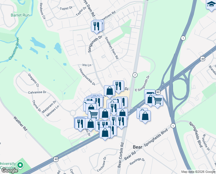 map of restaurants, bars, coffee shops, grocery stores, and more near 1 Songsmith Drive in Bear