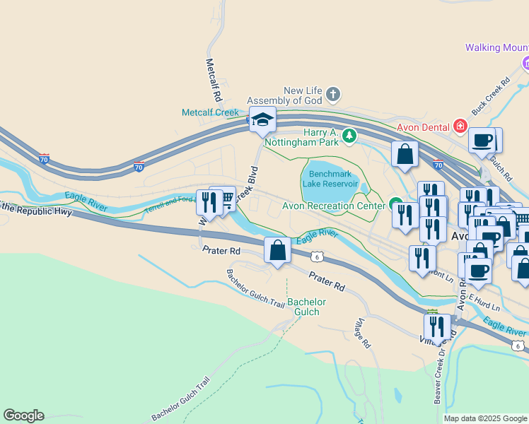 map of restaurants, bars, coffee shops, grocery stores, and more near 998 West Beaver Creek Boulevard in Avon