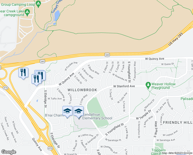 map of restaurants, bars, coffee shops, grocery stores, and more near 4464 South Braun Way in Morrison