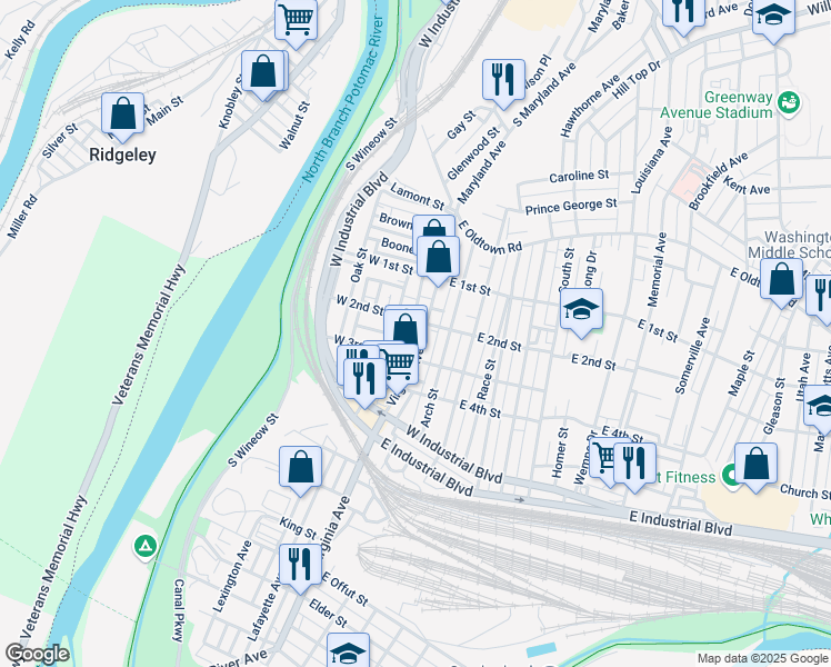 map of restaurants, bars, coffee shops, grocery stores, and more near 215 Virginia Avenue in Cumberland