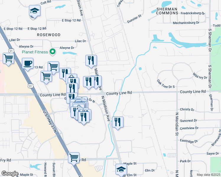 map of restaurants, bars, coffee shops, grocery stores, and more near 2720 East County Line Road in Indianapolis