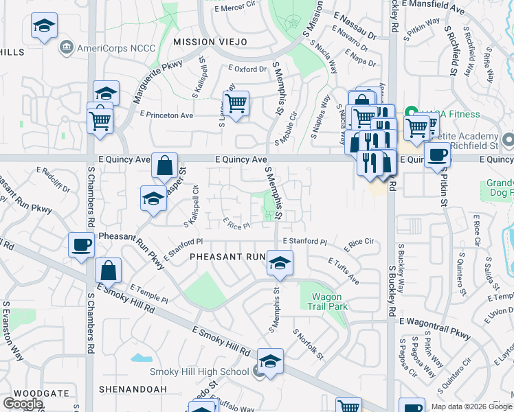 map of restaurants, bars, coffee shops, grocery stores, and more near 16129 East Rice Place in Aurora