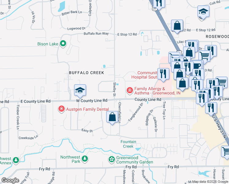 map of restaurants, bars, coffee shops, grocery stores, and more near Shelby Street in Indianapolis
