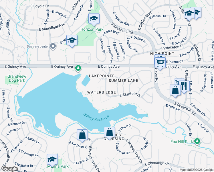 map of restaurants, bars, coffee shops, grocery stores, and more near 4428 South Argonne Way in Aurora