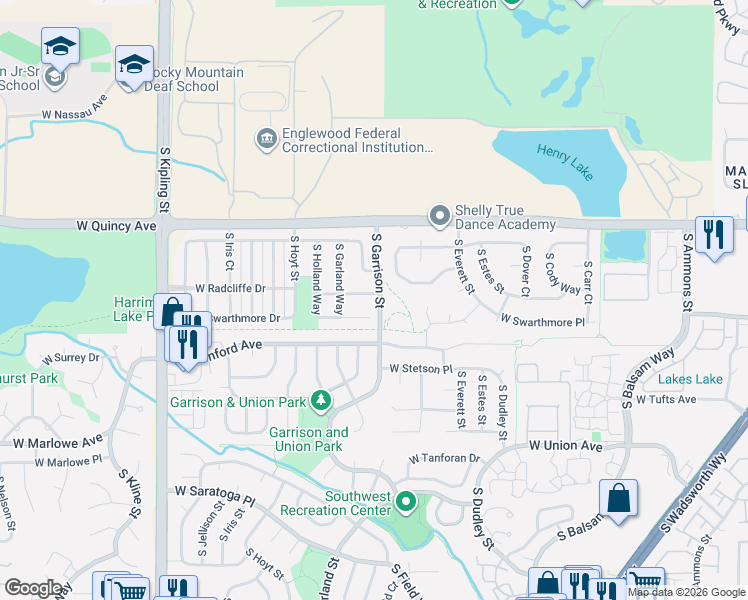 map of restaurants, bars, coffee shops, grocery stores, and more near 9215 West Swarthmore Drive in Littleton