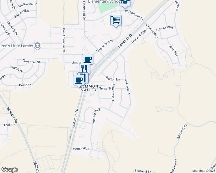 map of restaurants, bars, coffee shops, grocery stores, and more near 110 East Surge Street in Reno