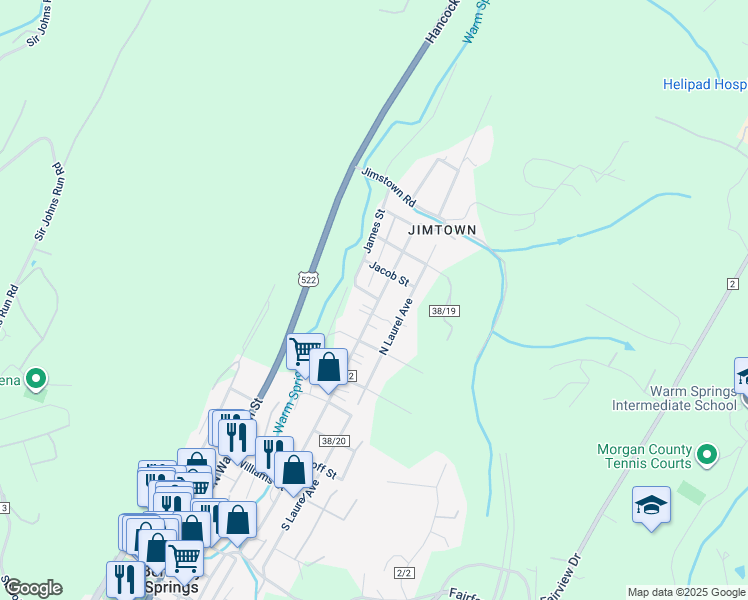 map of restaurants, bars, coffee shops, grocery stores, and more near 719 Harrison Avenue in Berkeley Springs