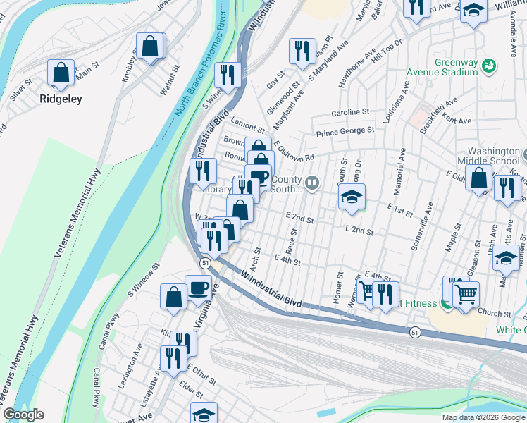 map of restaurants, bars, coffee shops, grocery stores, and more near 209 Arch Street in Cumberland