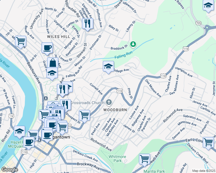 map of restaurants, bars, coffee shops, grocery stores, and more near 925 Willey Street in Morgantown