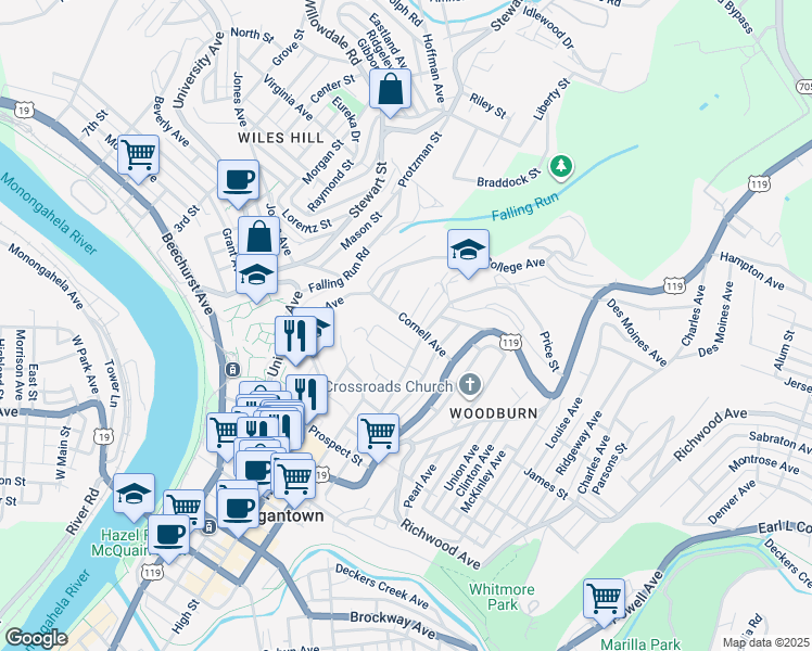 map of restaurants, bars, coffee shops, grocery stores, and more near 221 Waverly Street in Morgantown