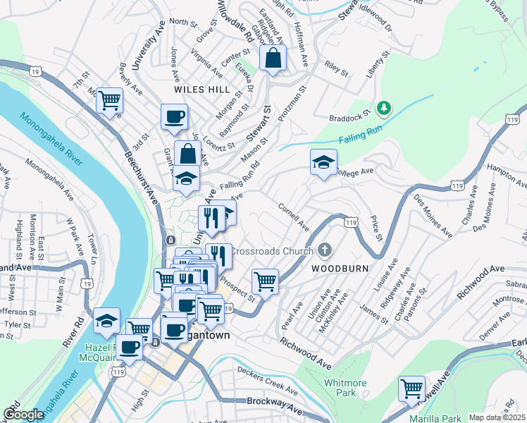 map of restaurants, bars, coffee shops, grocery stores, and more near 221 Waverly Street in Morgantown
