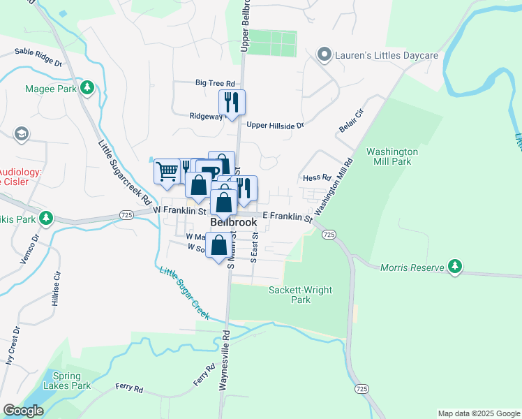 map of restaurants, bars, coffee shops, grocery stores, and more near 47 East Franklin Street in Bellbrook