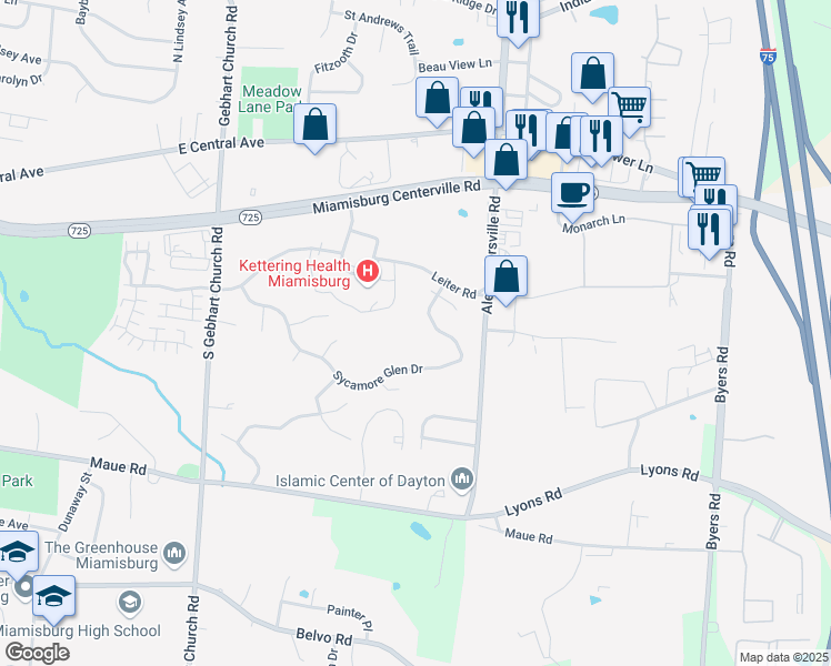 map of restaurants, bars, coffee shops, grocery stores, and more near 317 Sycamore Glen Drive in Miamisburg