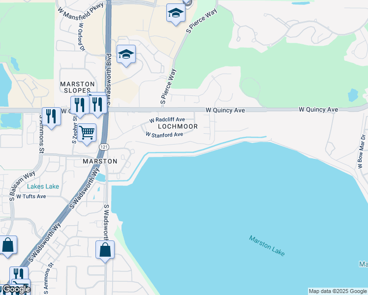 map of restaurants, bars, coffee shops, grocery stores, and more near 7020 West Stetson Place in Denver