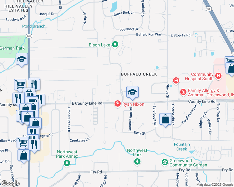 map of restaurants, bars, coffee shops, grocery stores, and more near 206 Buffalo Club Drive in Indianapolis