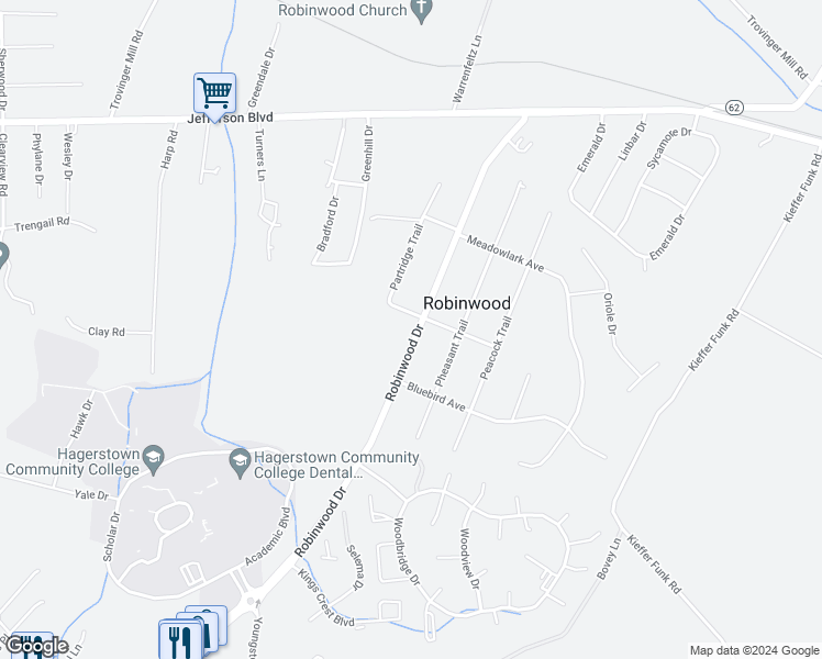 map of restaurants, bars, coffee shops, grocery stores, and more near 11722 Robinwood Drive in Hagerstown