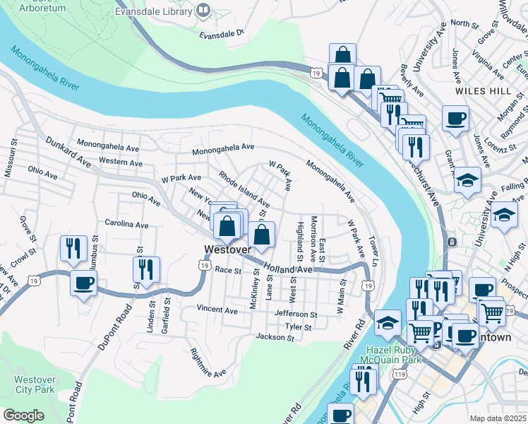 map of restaurants, bars, coffee shops, grocery stores, and more near 6 Millan Street in Morgantown