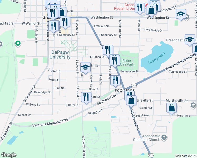 map of restaurants, bars, coffee shops, grocery stores, and more near 513 Howard Street in Greencastle