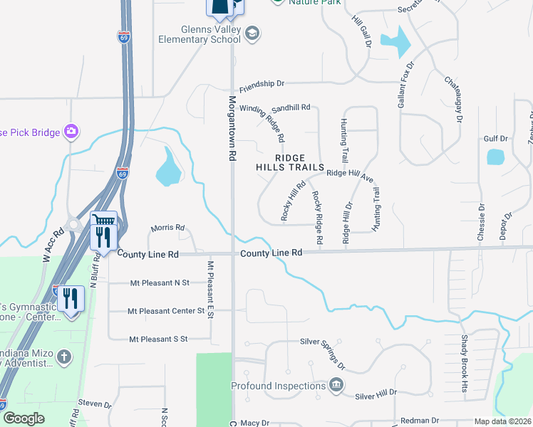 map of restaurants, bars, coffee shops, grocery stores, and more near 8845 Winding Ridge Road in Indianapolis