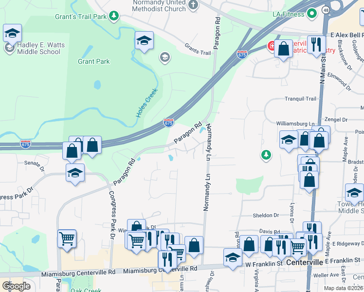 map of restaurants, bars, coffee shops, grocery stores, and more near 7677 Tours Lane in Centerville