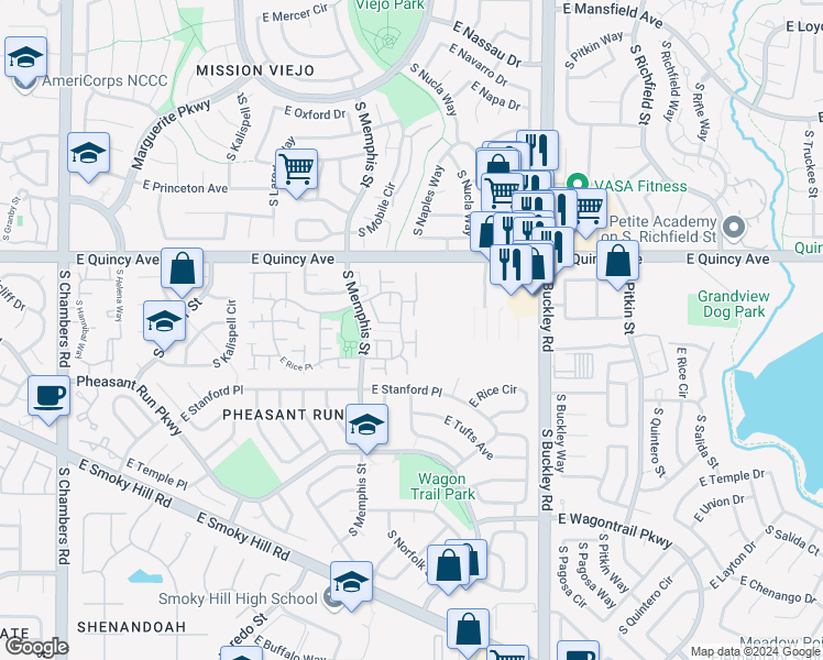 map of restaurants, bars, coffee shops, grocery stores, and more near 16458 East Rice Place in Aurora