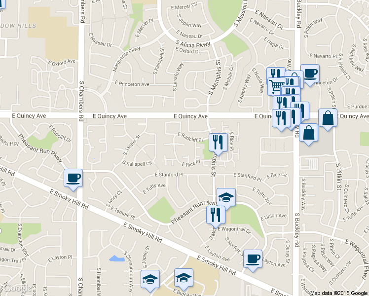 map of restaurants, bars, coffee shops, grocery stores, and more near 16129 East Rice Place in Aurora