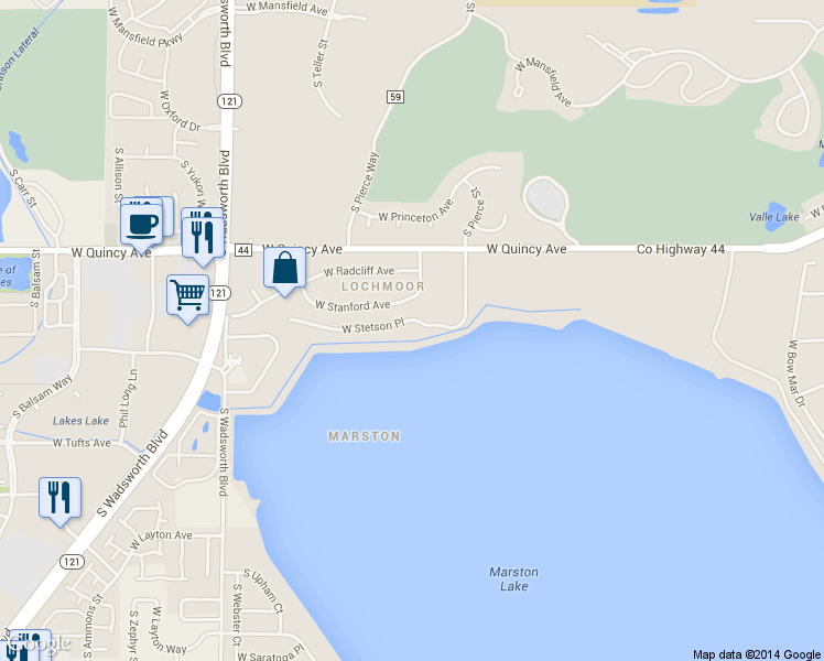 map of restaurants, bars, coffee shops, grocery stores, and more near 7020 West Stetson Place in Denver
