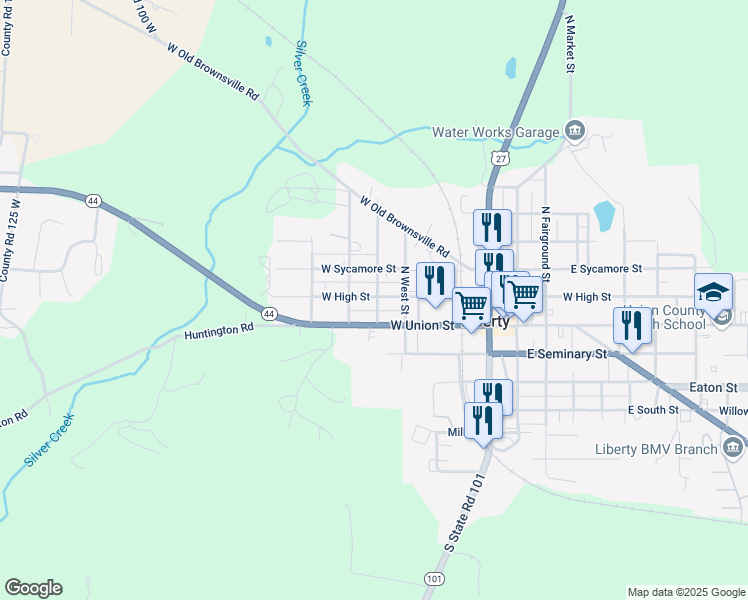 map of restaurants, bars, coffee shops, grocery stores, and more near 402 West High Street in Liberty