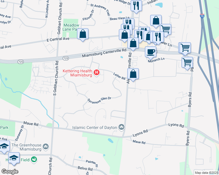 map of restaurants, bars, coffee shops, grocery stores, and more near 317 Sycamore Glen Drive in Miamisburg