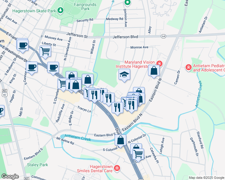 map of restaurants, bars, coffee shops, grocery stores, and more near 55 Manor Drive in Hagerstown