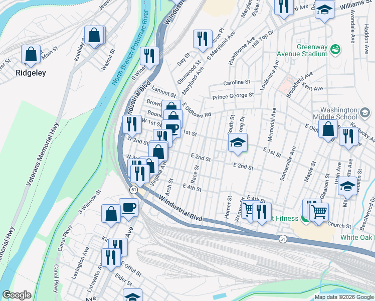 map of restaurants, bars, coffee shops, grocery stores, and more near 134 Grand Avenue in Cumberland