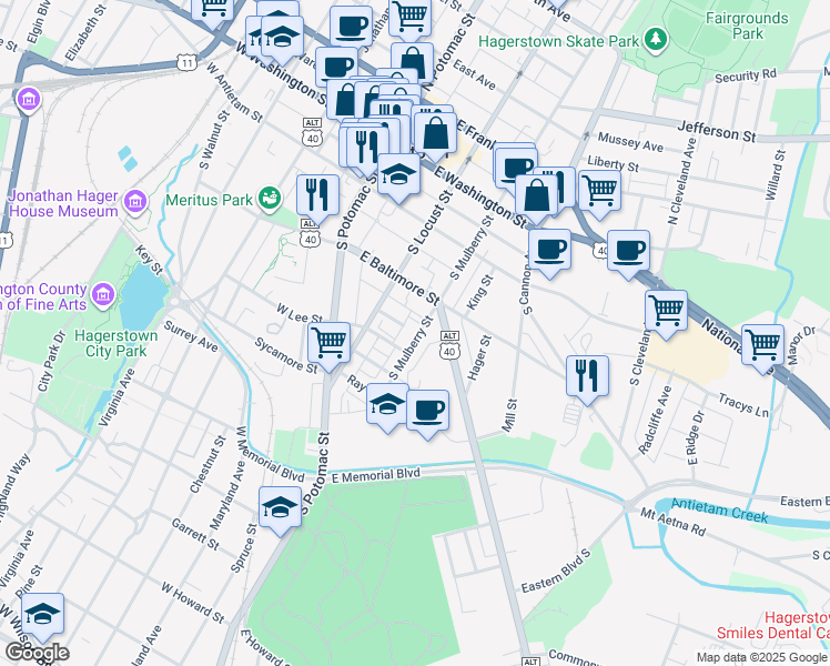 map of restaurants, bars, coffee shops, grocery stores, and more near 237 South Mulberry Street in Hagerstown