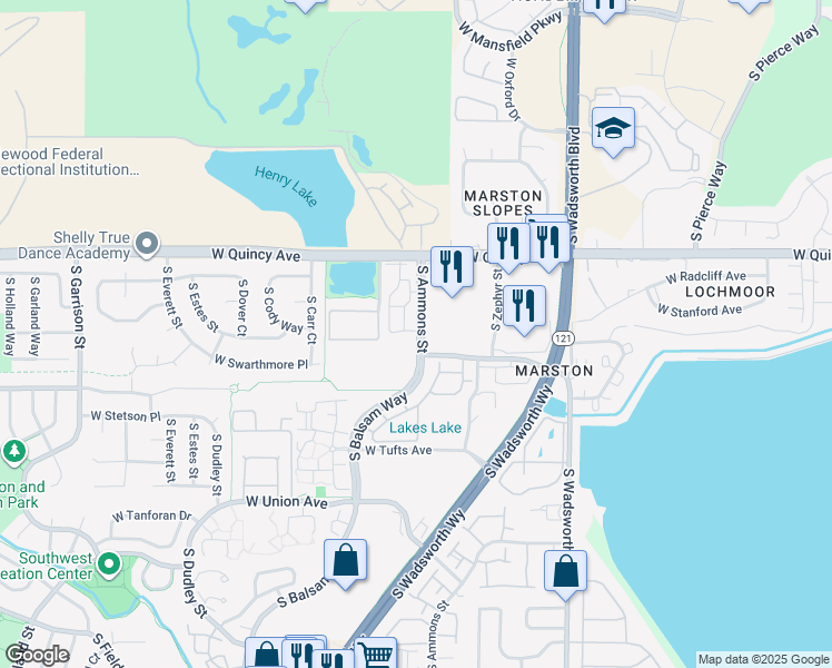 map of restaurants, bars, coffee shops, grocery stores, and more near 8137 West Stanford Avenue in Denver