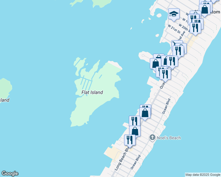 map of restaurants, bars, coffee shops, grocery stores, and more near 12 West 38th Street in Long Beach