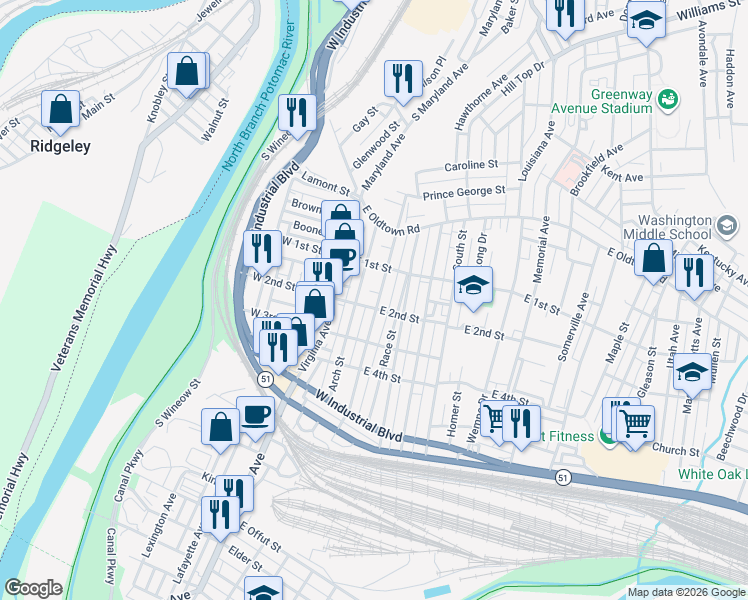 map of restaurants, bars, coffee shops, grocery stores, and more near 134 Grand Avenue in Cumberland