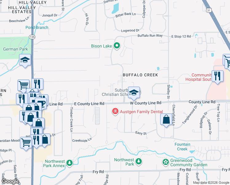 map of restaurants, bars, coffee shops, grocery stores, and more near 206 Buffalo Club Drive in Indianapolis