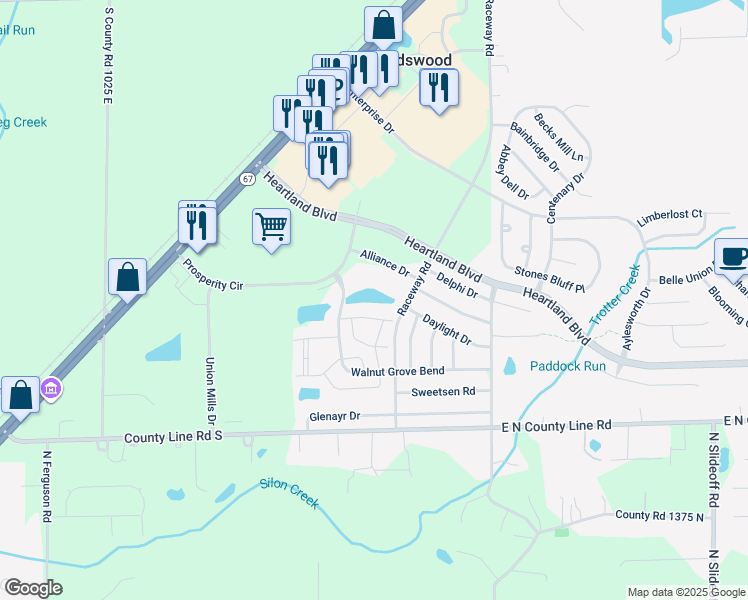 map of restaurants, bars, coffee shops, grocery stores, and more near 10770 Camden Drive in Hendricks County