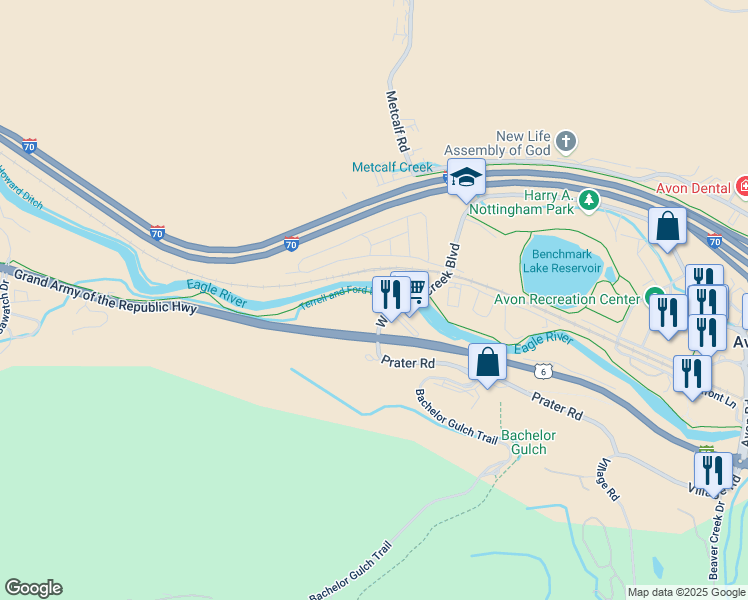 map of restaurants, bars, coffee shops, grocery stores, and more near 1050 West Beaver Creek Boulevard in Avon