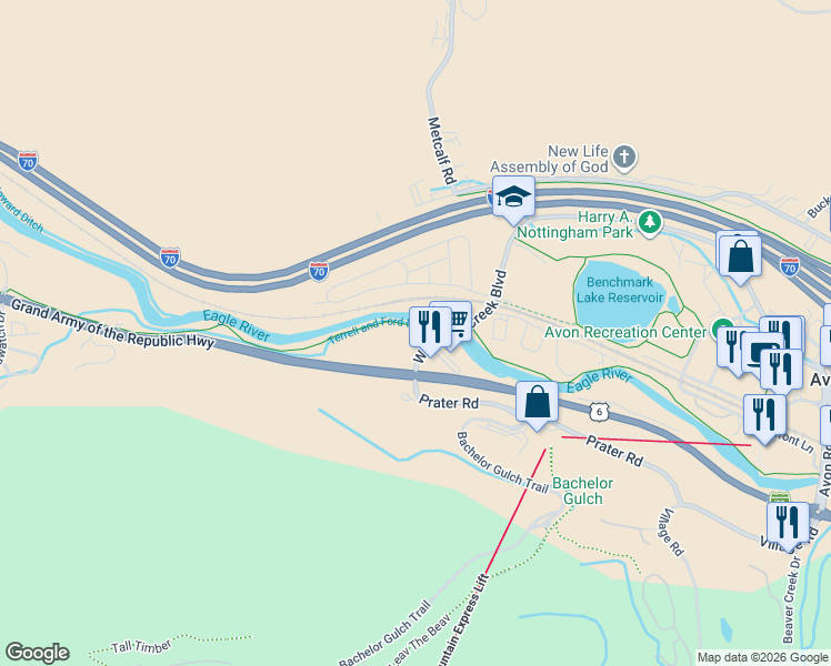 map of restaurants, bars, coffee shops, grocery stores, and more near 1043-1057 West Beaver Creek Boulevard in Avon